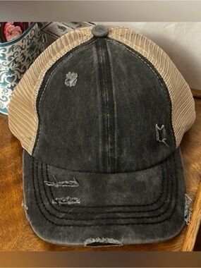 C.C. Distressed Ponytail Cross Cross Black and Tan Cap